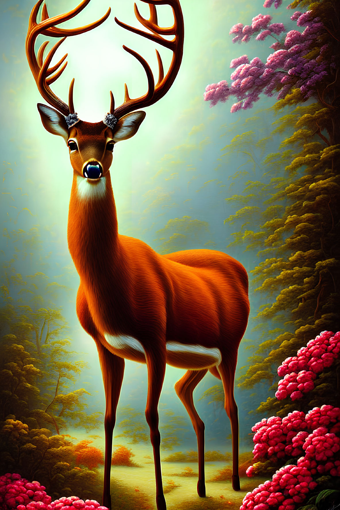 Majestic deer with towering antlers in mystical forest setting