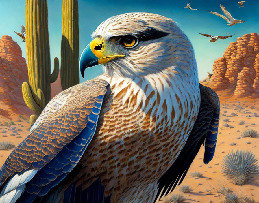 Detailed illustration of eagle in desert with cacti and birds under blue sky