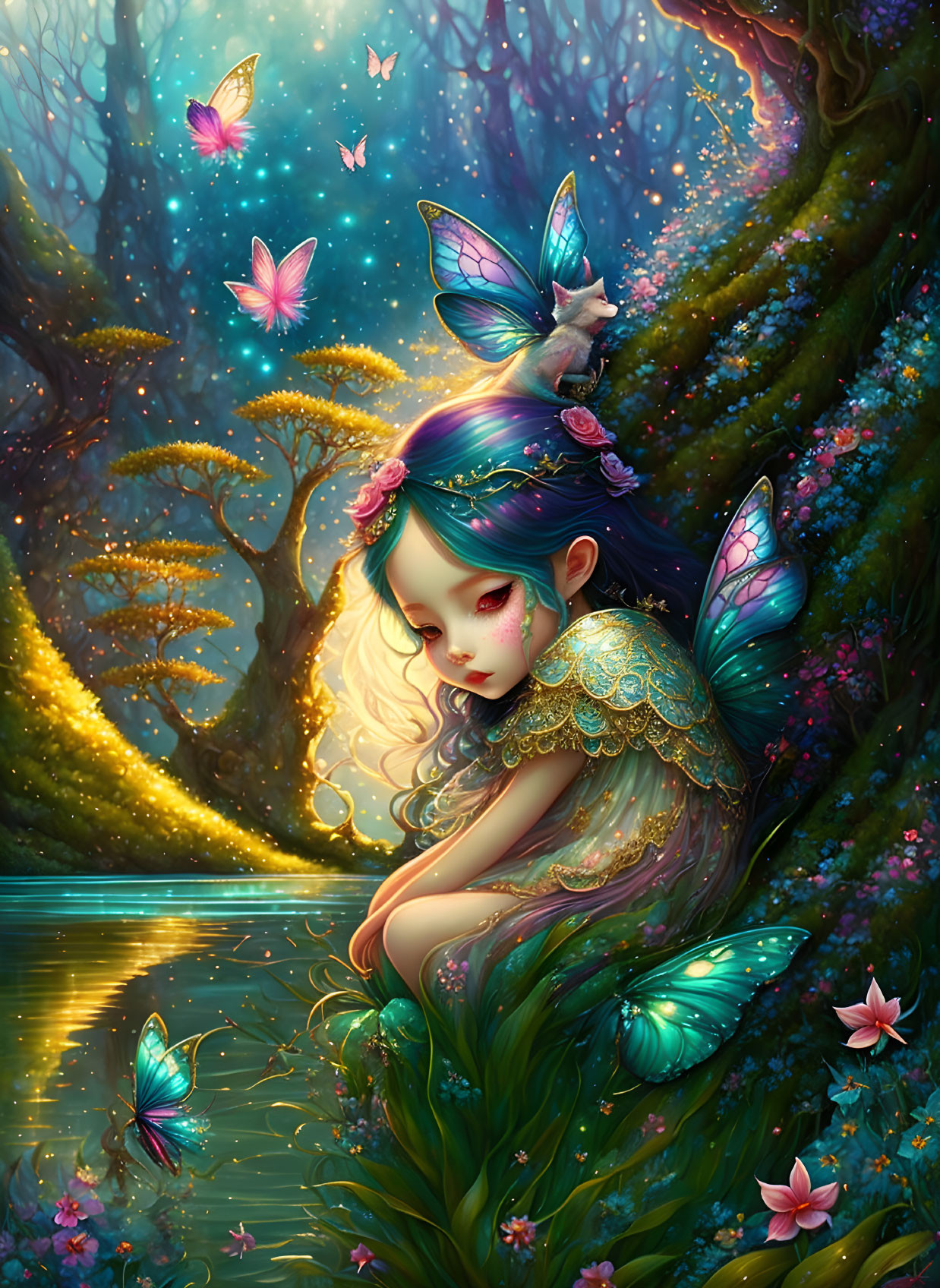 Fantasy illustration of fairy with butterfly wings by luminous pond