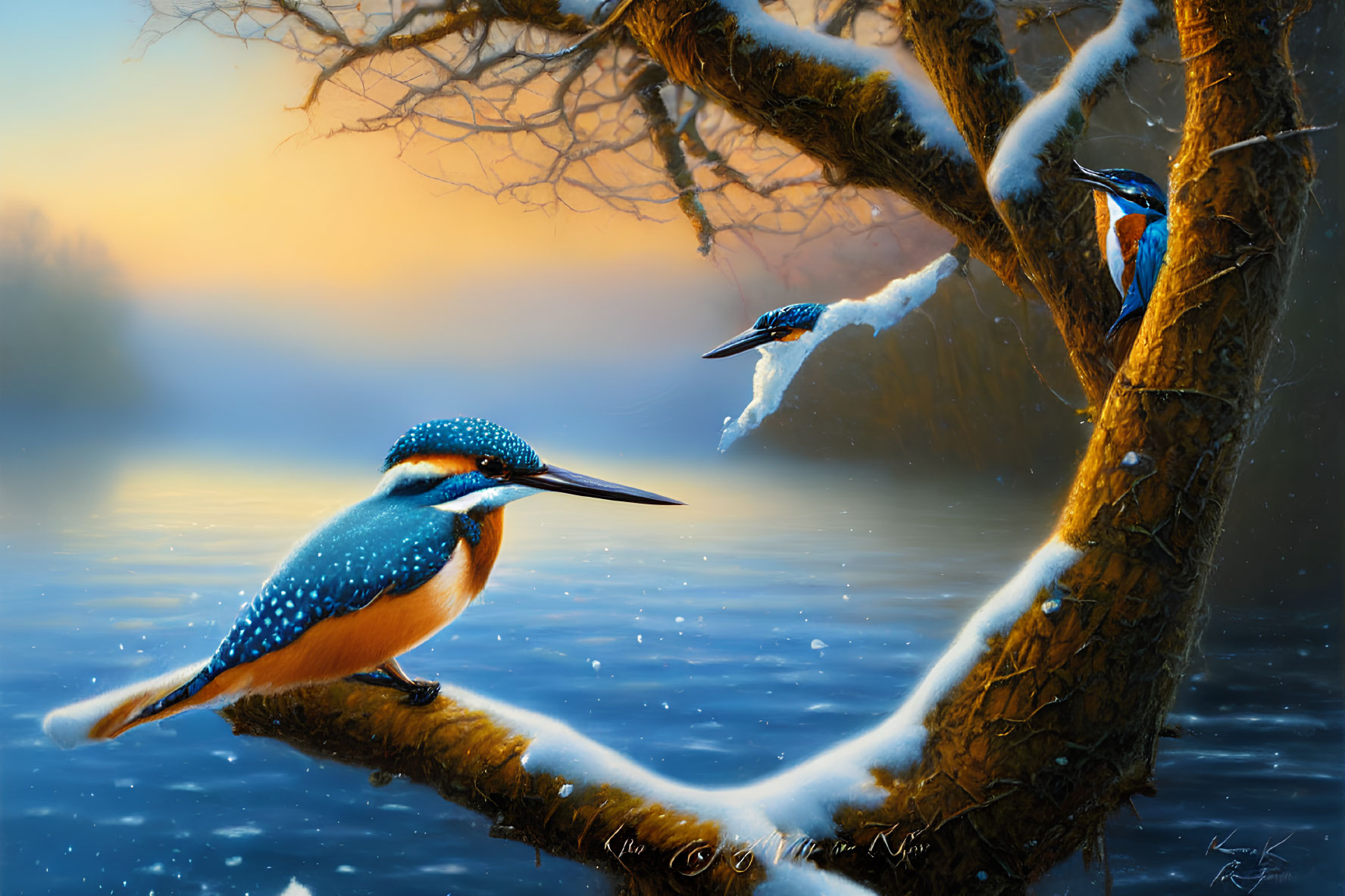 Kingfishers on snowy branches in serene winter landscape at sunset