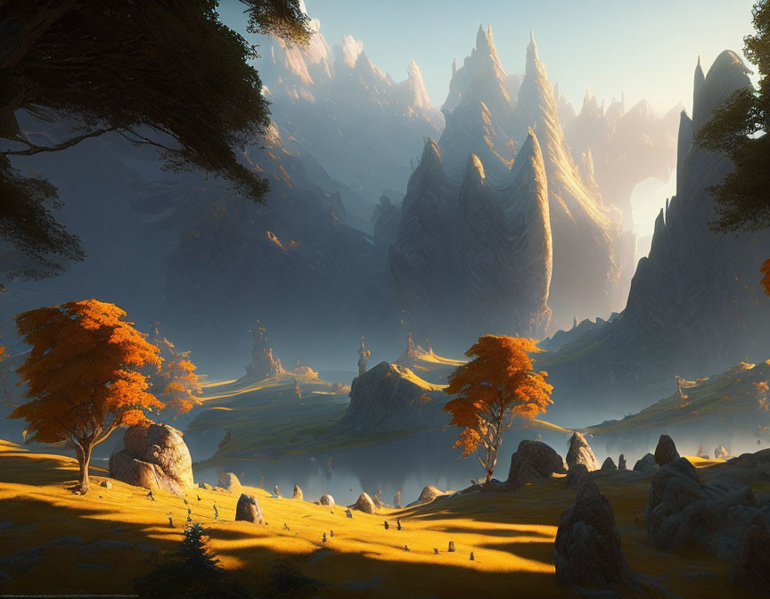 Golden Trees and Jagged Mountains in Tranquil Landscape