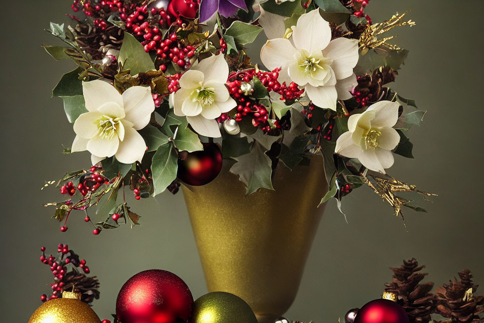 White Flowers and Red Berries Holiday Arrangement in Gold Vase