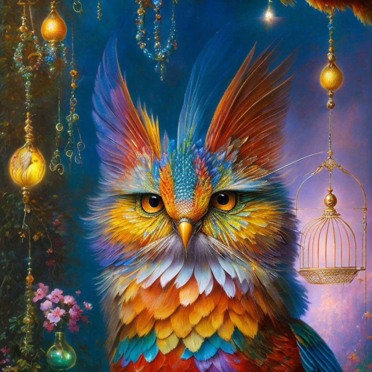 Colorful Owl with Intense Eyes and Ornate Accessories on Blue Background