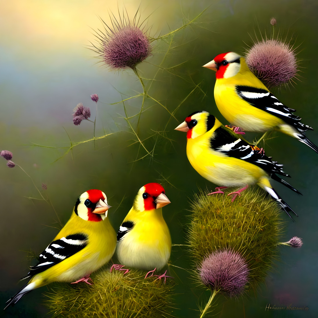 goldfinches on thistles