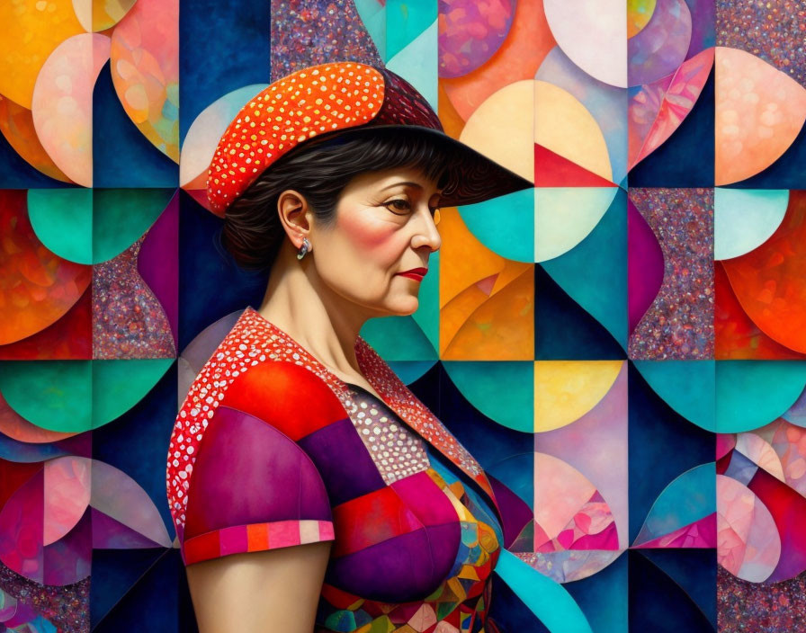 Vibrant digital painting of woman in red hat on geometric backdrop