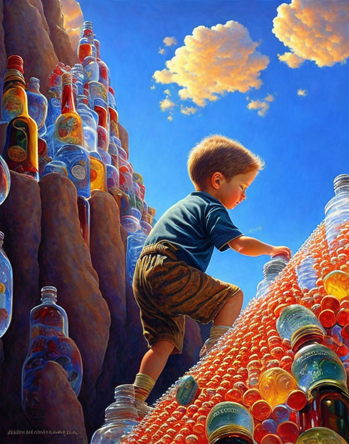 Boy climbing colorful glass bottle mountain under blue sky