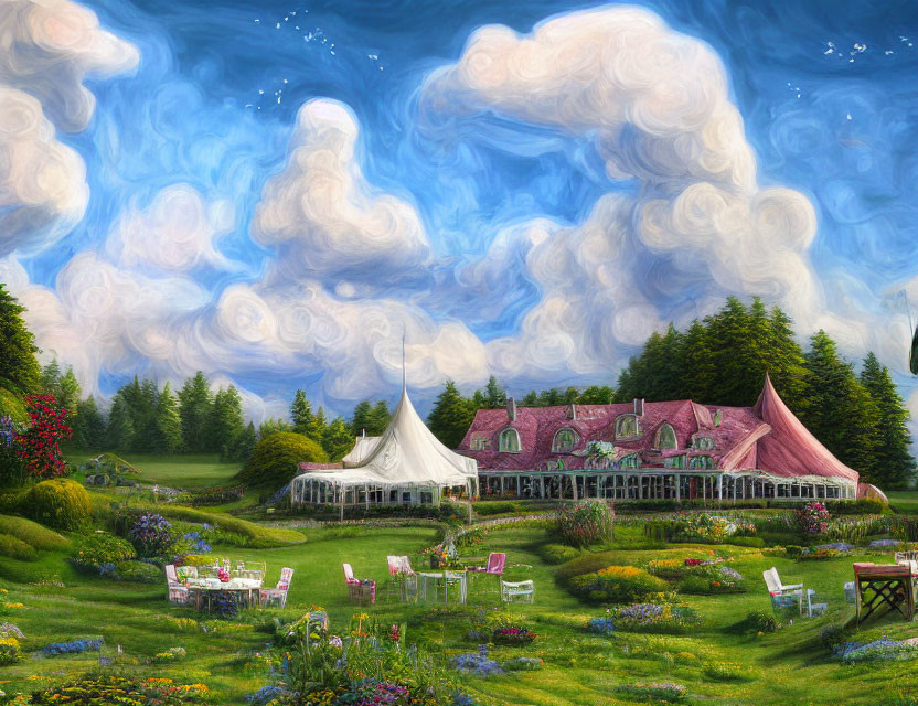 Vibrant landscape with whimsical house and tent in lush garden scenery