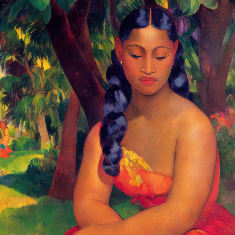 Woman with Long Braided Hair in Red Dress Surrounded by Green Foliage