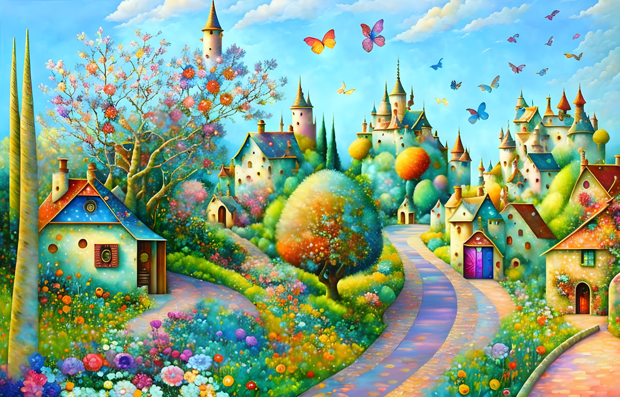 Whimsical landscape painting with storybook houses and flowering trees