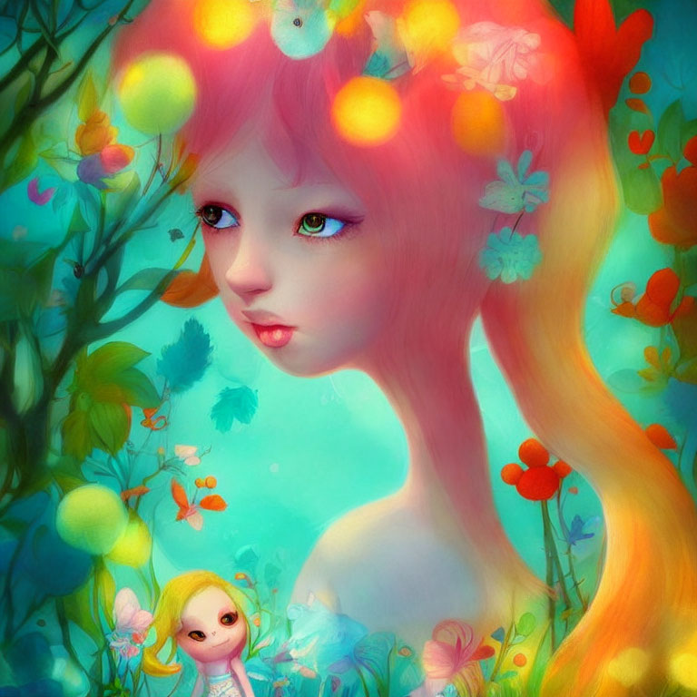 Ethereal artwork of girl with pink hair in vibrant nature scene