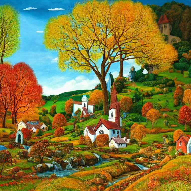 Colorful Autumn Village Scene with Church, Houses, and Stream