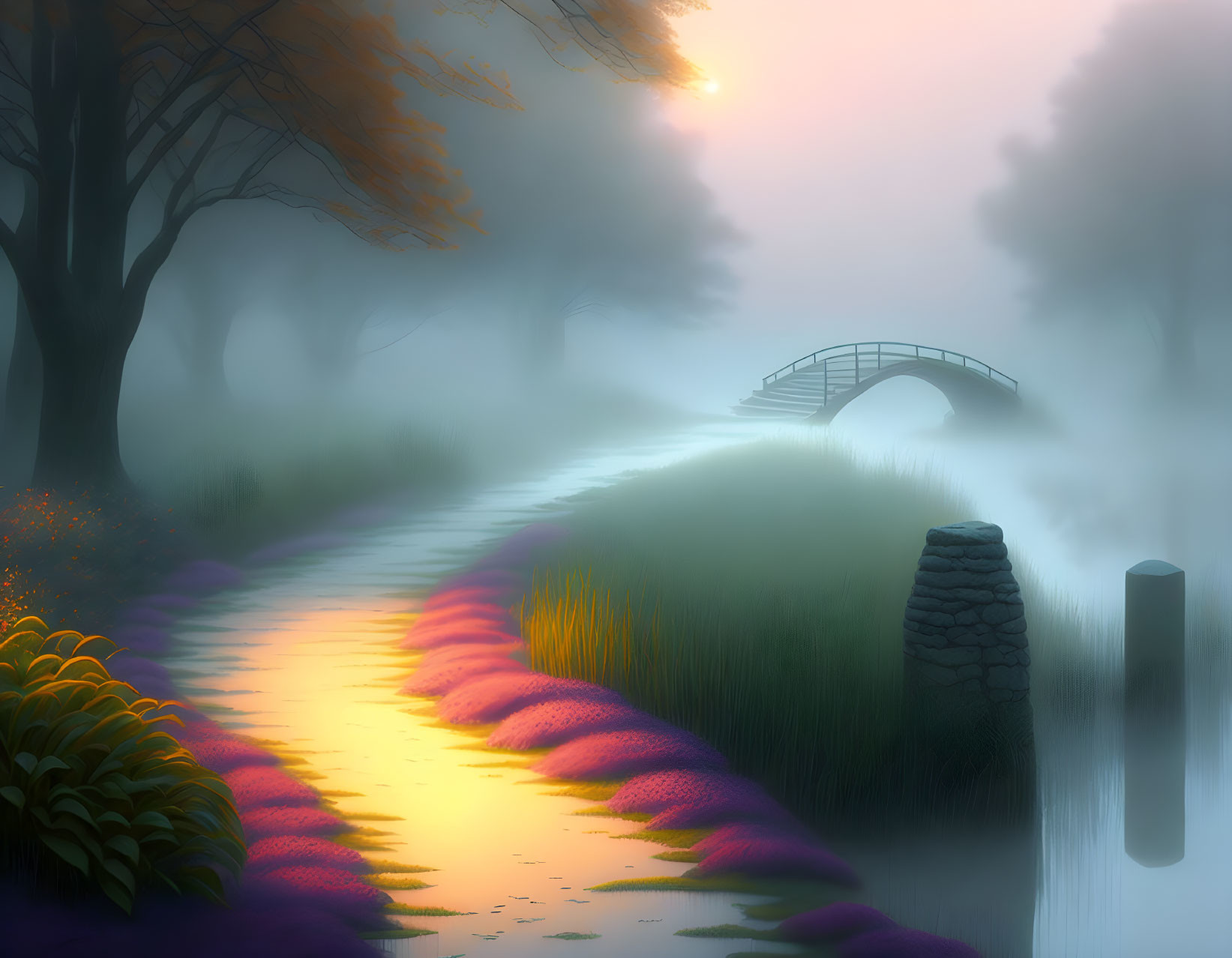 Tranquil misty landscape with meandering path and wooden bridge