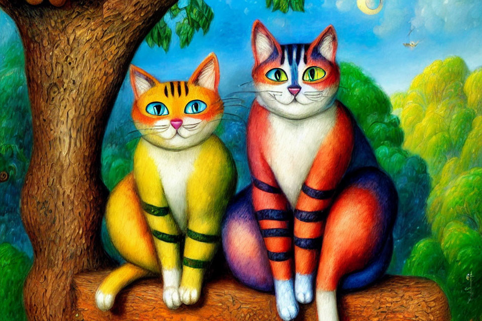 Colorful Anthropomorphic Cats on Tree Branch in Whimsical Forest