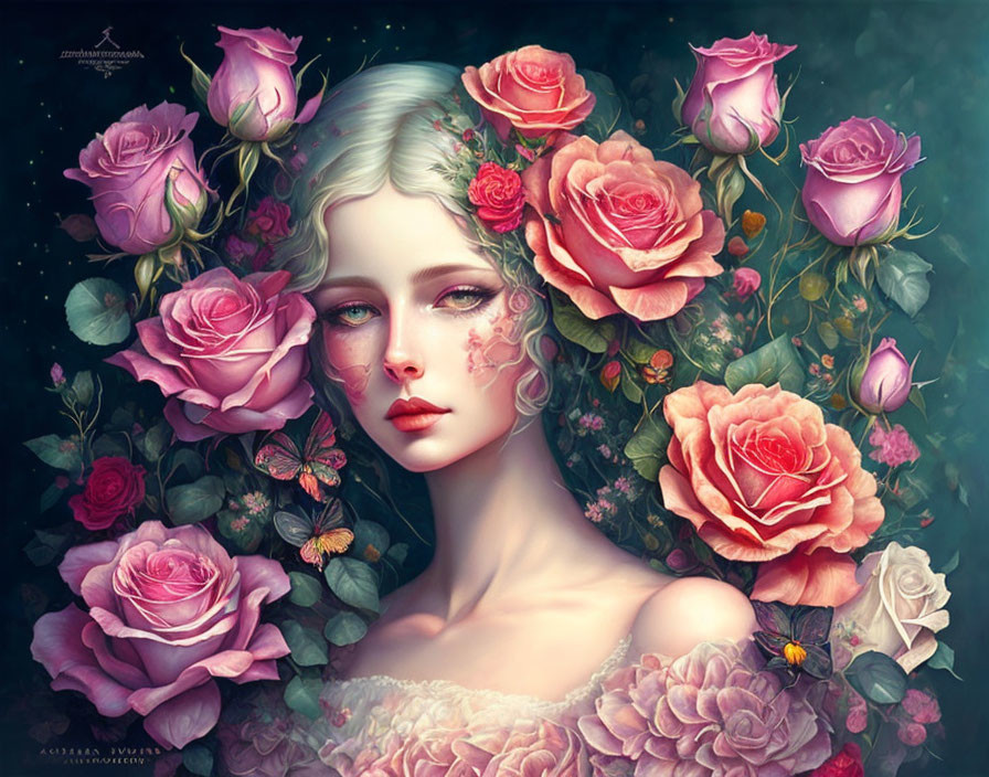 Surreal Artwork: Woman with Roses and Butterflies