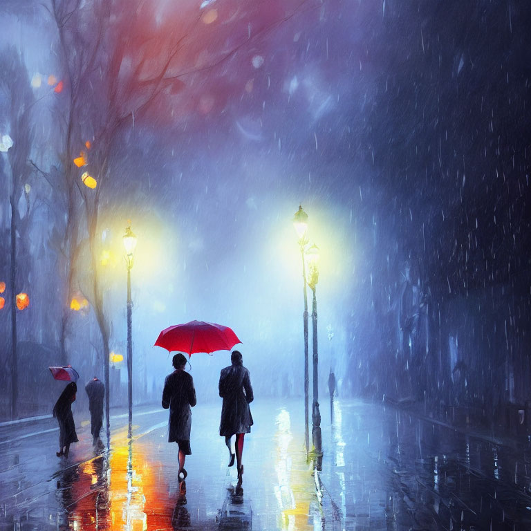 Colorful scene: People with umbrellas on rain-soaked street under glowing street lamps