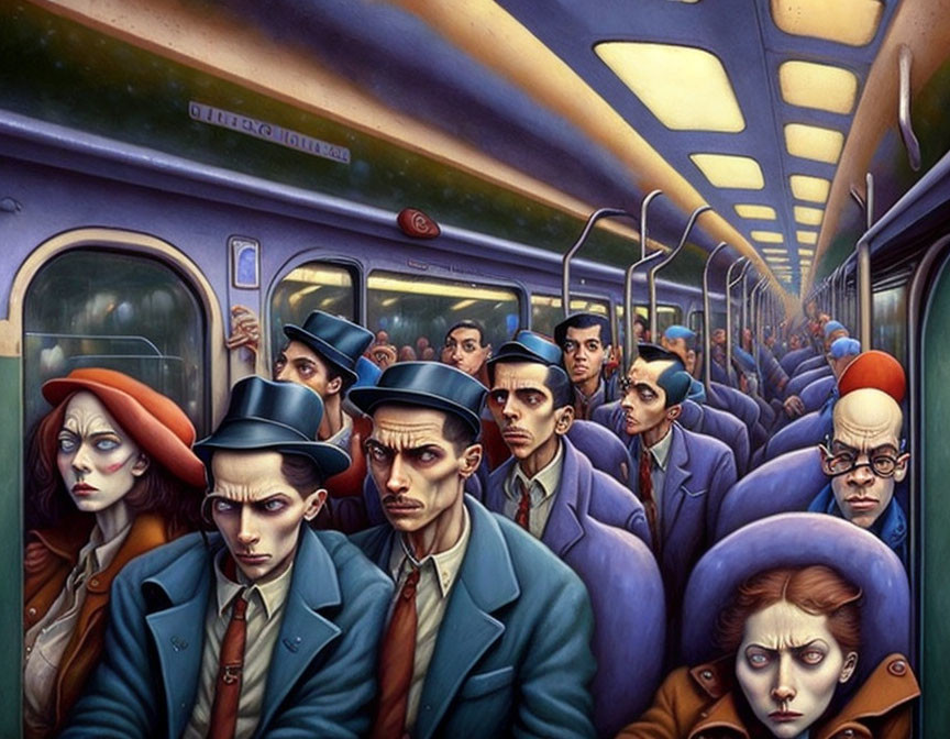 Crowded Train Carriage Painting with Colorful Attired Passengers