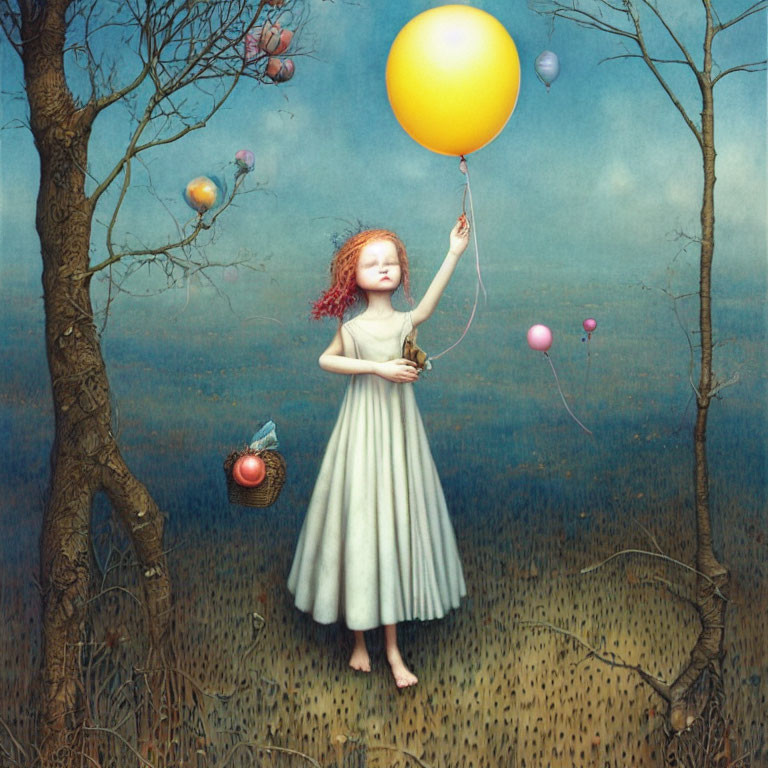 Young girl in green dress with yellow balloon in surreal landscape