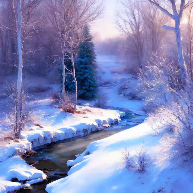 Tranquil Winter Stream with Snow-Covered Banks