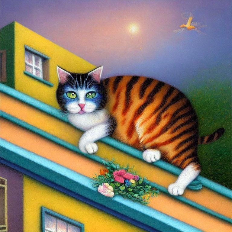 Whimsical cat illustration on colorful house roof at twilight