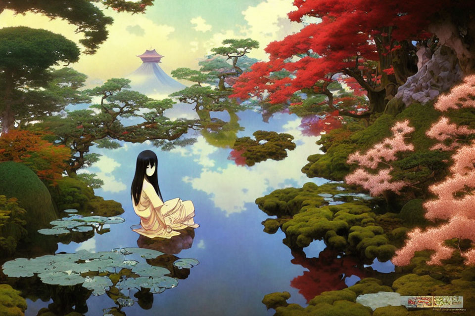 Long-haired animated character in traditional dress by serene pond in mystical forest.