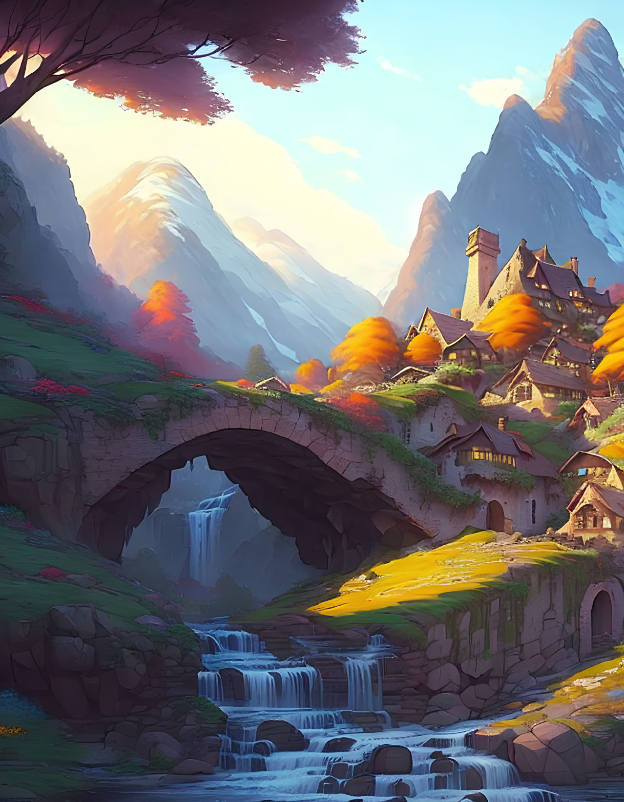 Scenic fantasy village with stone houses, bridge, waterfall, mountains