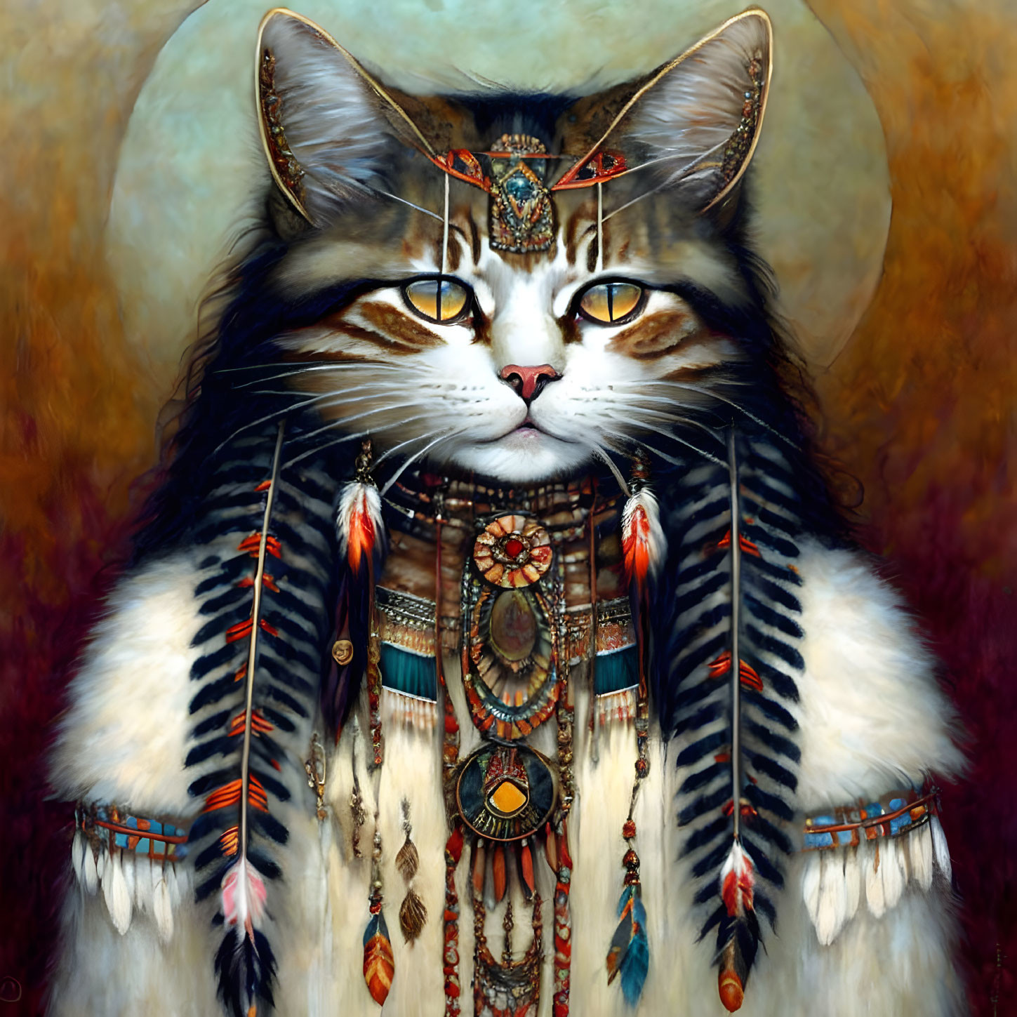 Majestic cat with human-like eyes and tribal jewelry and feathers