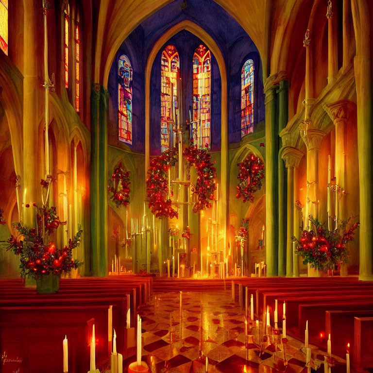 Cozy church interior with stained glass windows, Christmas wreaths, and glowing candles
