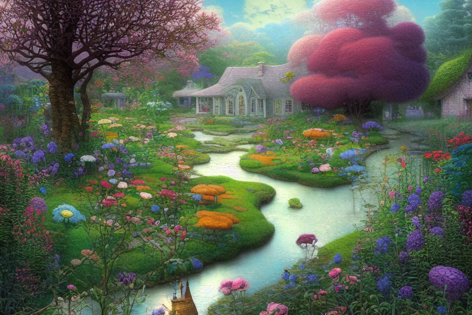 Charming cottage in lush garden with stream & colorful flowers