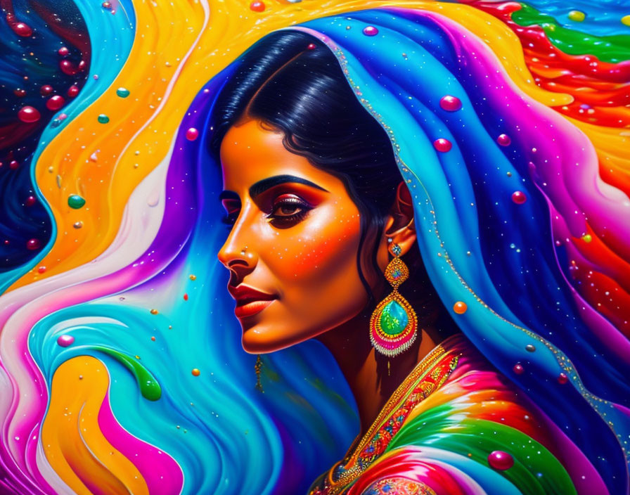 Colorful Artwork: Woman with Traditional Jewelry in Cosmic Nebula