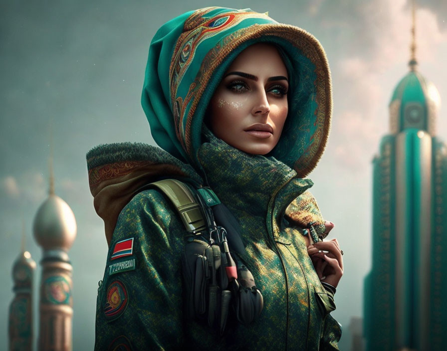 Woman in Vibrant Hijab and Coat with Backpack Strap in Front of Ornate Towers