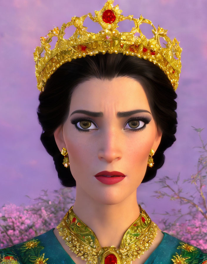 Dark-haired female character in 3D animation with golden crown, red gems, gold earrings, and