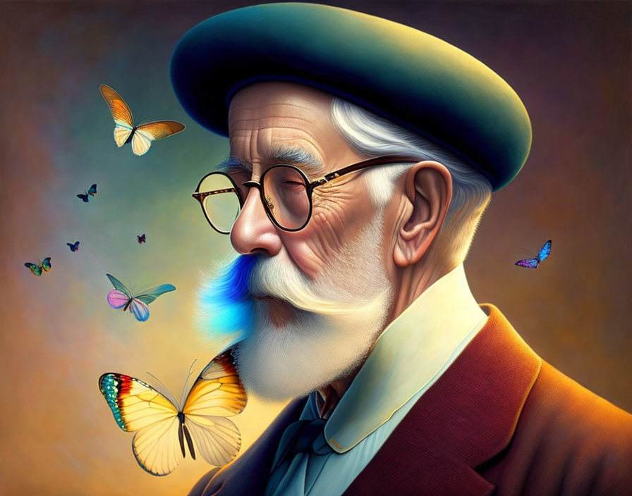 Elderly Man with White Beard and Butterflies on Warm Background