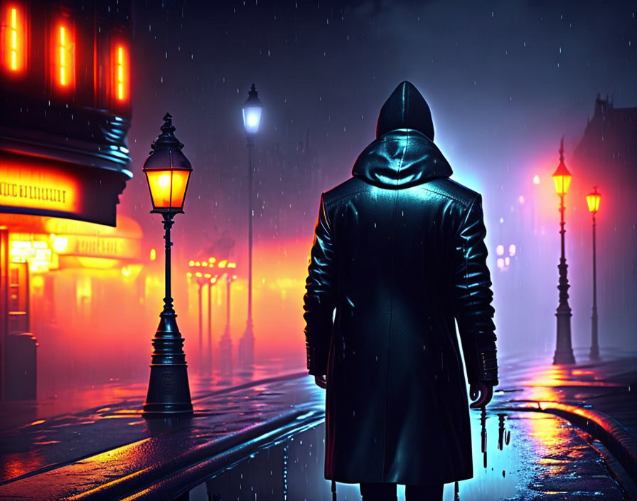 Person in dark coat on rain-soaked street at night with glowing street lamps and neon signs