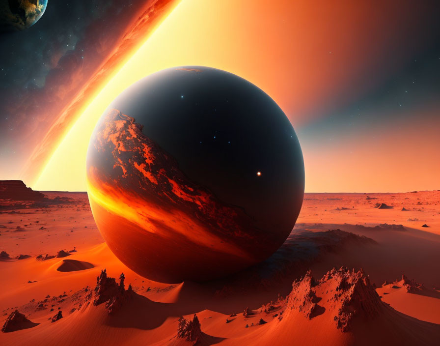 Ominous planet over fiery alien desert in sci-fi landscape