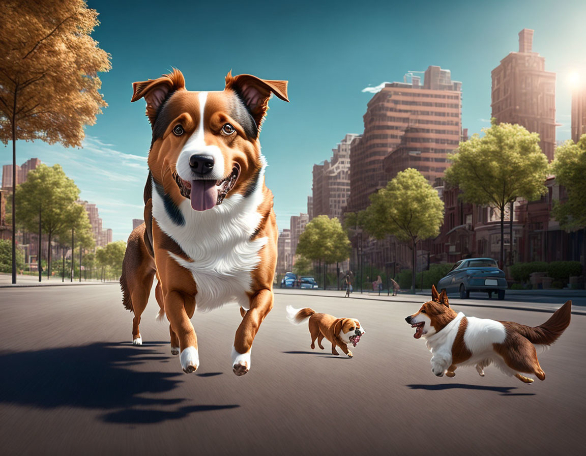 Three dogs running down a sunlit urban street, one large dog in foreground.