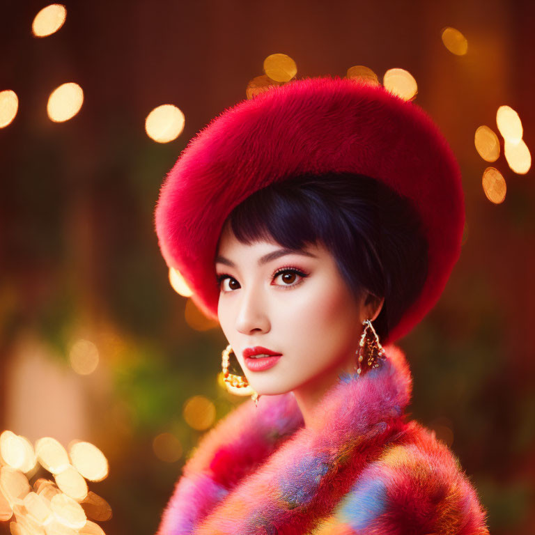 Dark-Haired Woman in Red Hat Wearing Colorful Fur Outfit