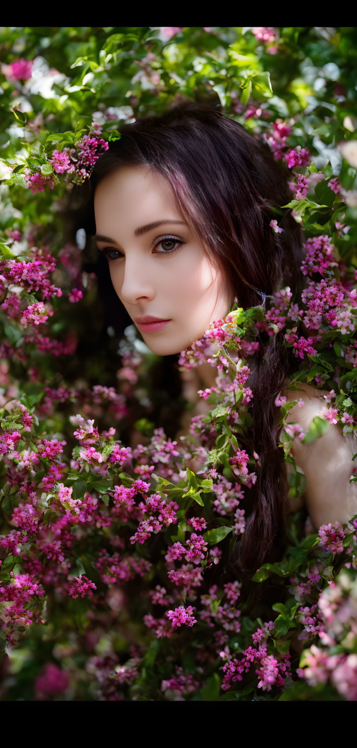 Dark-haired woman peeking through pink flowers in sunlight.