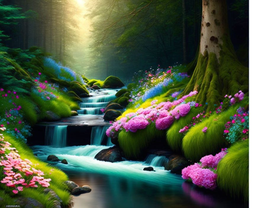 Tranquil stream among mossy rocks and colorful flowers in sunlit forest