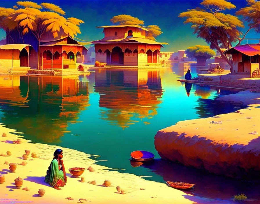 Serene riverside village scene with traditional houses, reflective water, person by shore, colorful trees,