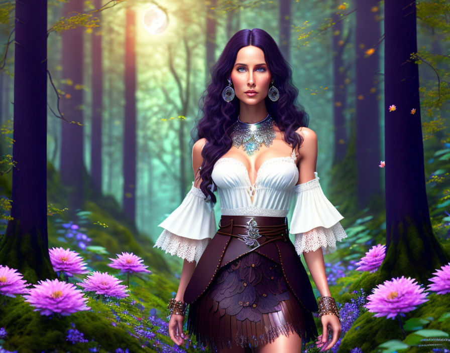 Digital artwork of woman in mystical forest with dark hair and fantasy attire