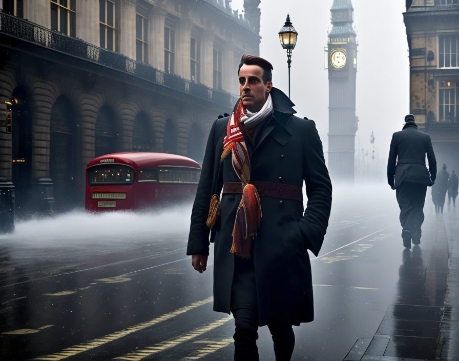 Stylish man walking in foggy street with Big Ben, red bus, and another person.