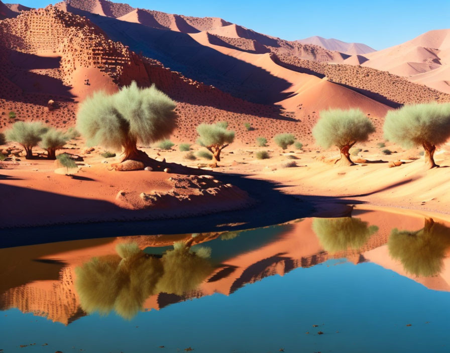 Tranquil desert landscape with water, trees, and red sand dunes