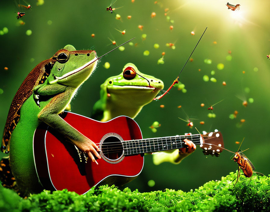 Vibrant green setting with animated frogs playing guitar and singing