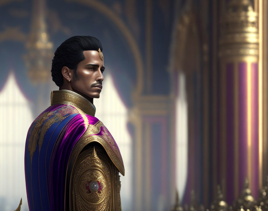 Regal figure in ornate armor with purple cape and grand columns