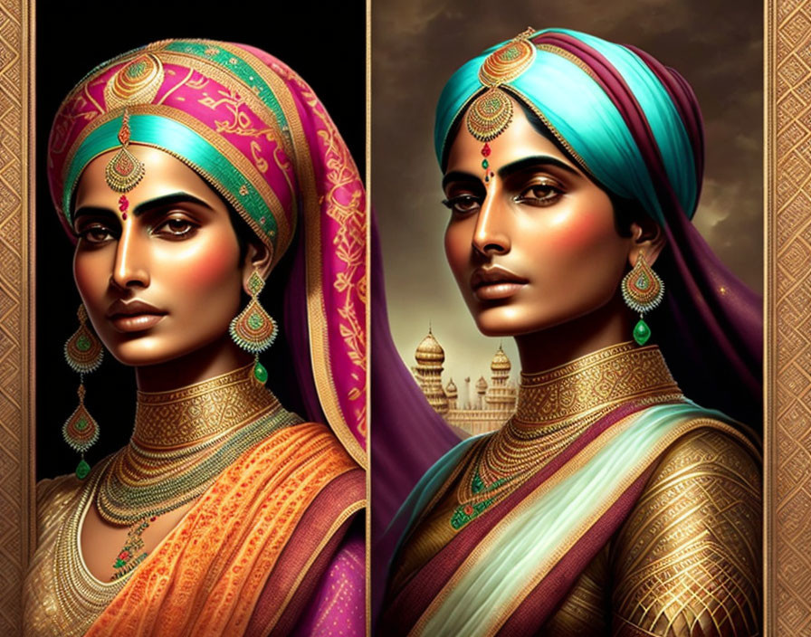 Stylized portraits of woman in traditional Indian attire & jewelry