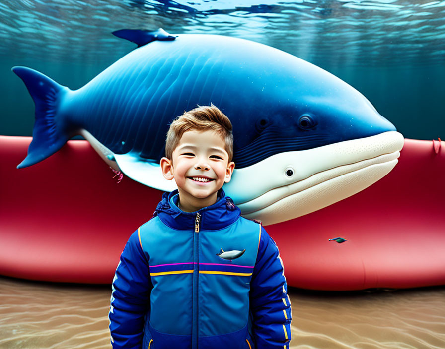 Smiling boy in blue jacket with inflatable whale