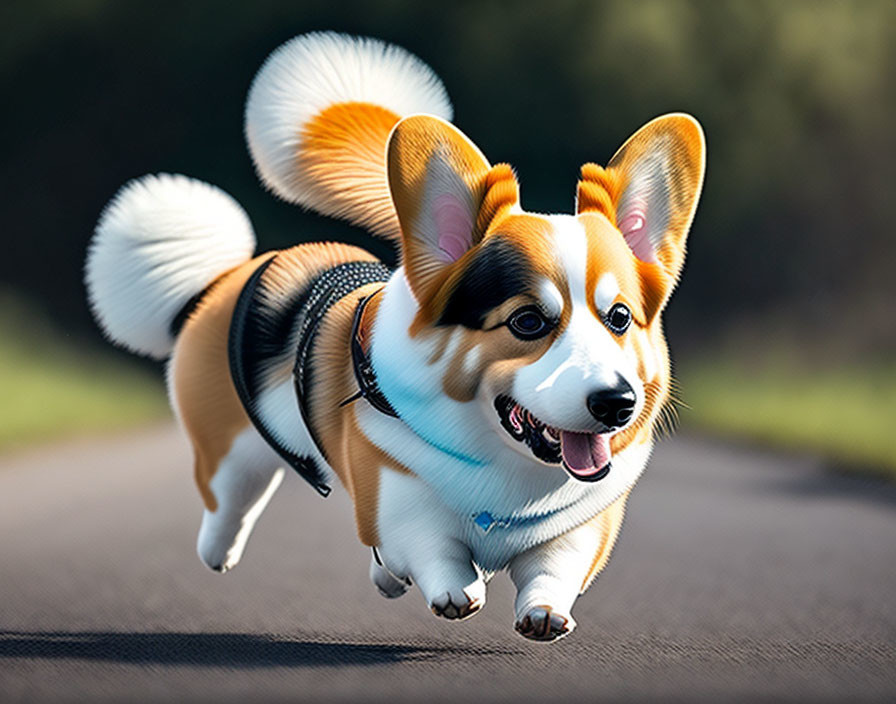 Happy Pembroke Welsh Corgi Running on Road with Floppy Ears