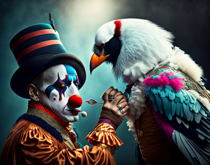 Colorful clown feeds person in bird costume with spoon