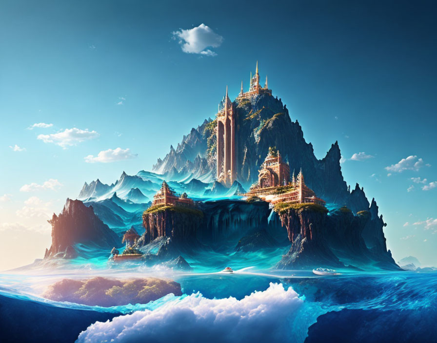 Fantastical landscape with towering castle and blue waters