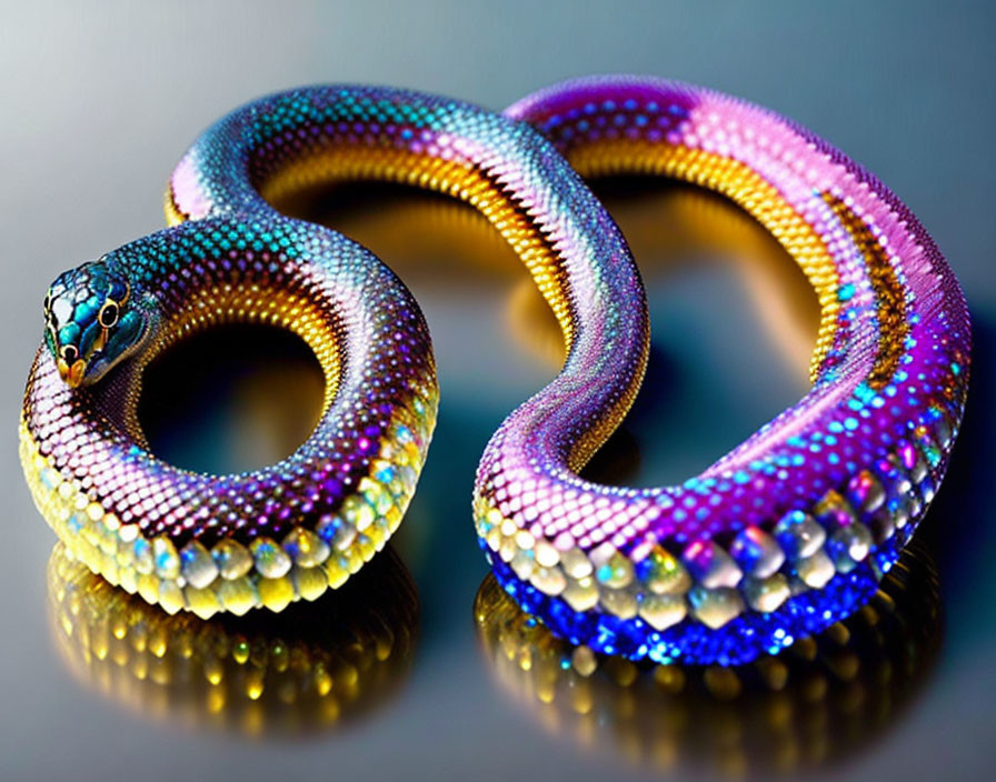 Colorful Coiled Snake with Iridescent Purple, Blue, and Gold Scales